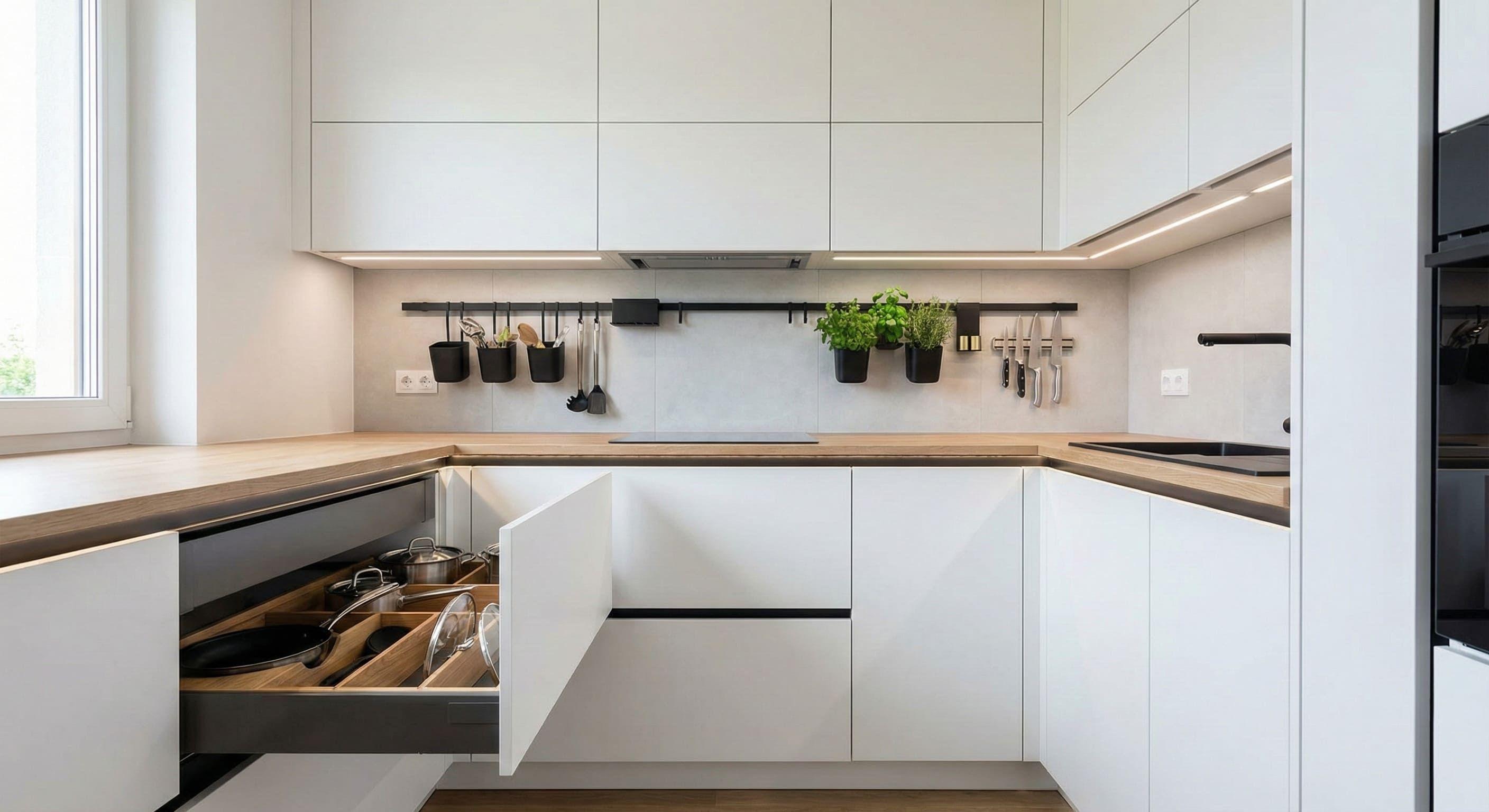 Moderne kleine Küche mit weißen Fronten, Holzarbeitsplatte, offenen Schubladen und Hängeregal mit Küchenutensilien und Kräutern.