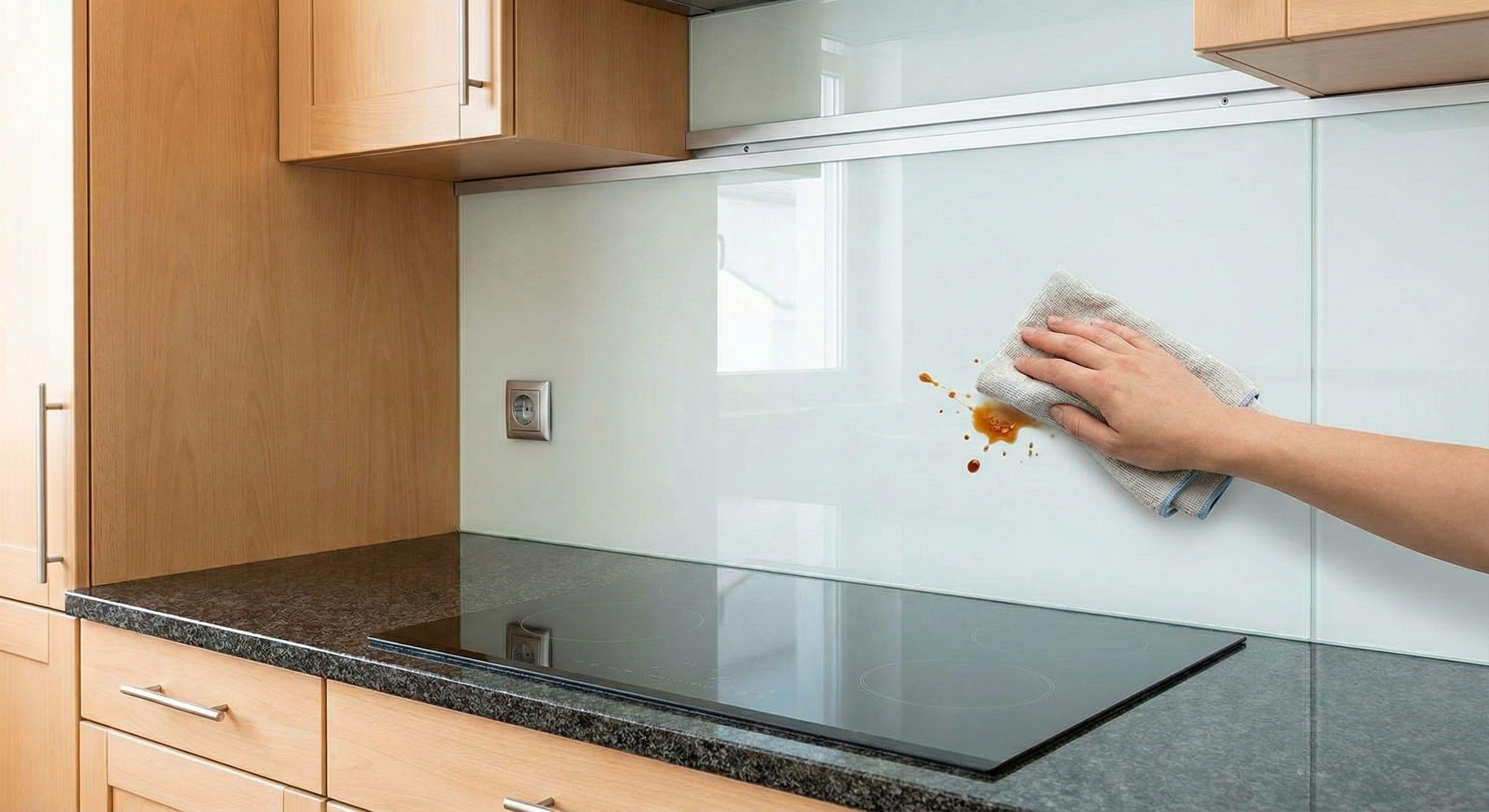 Glasrückwand in moderner Küche wird mit einem Tuch von Soßenspritzern gereinigt.